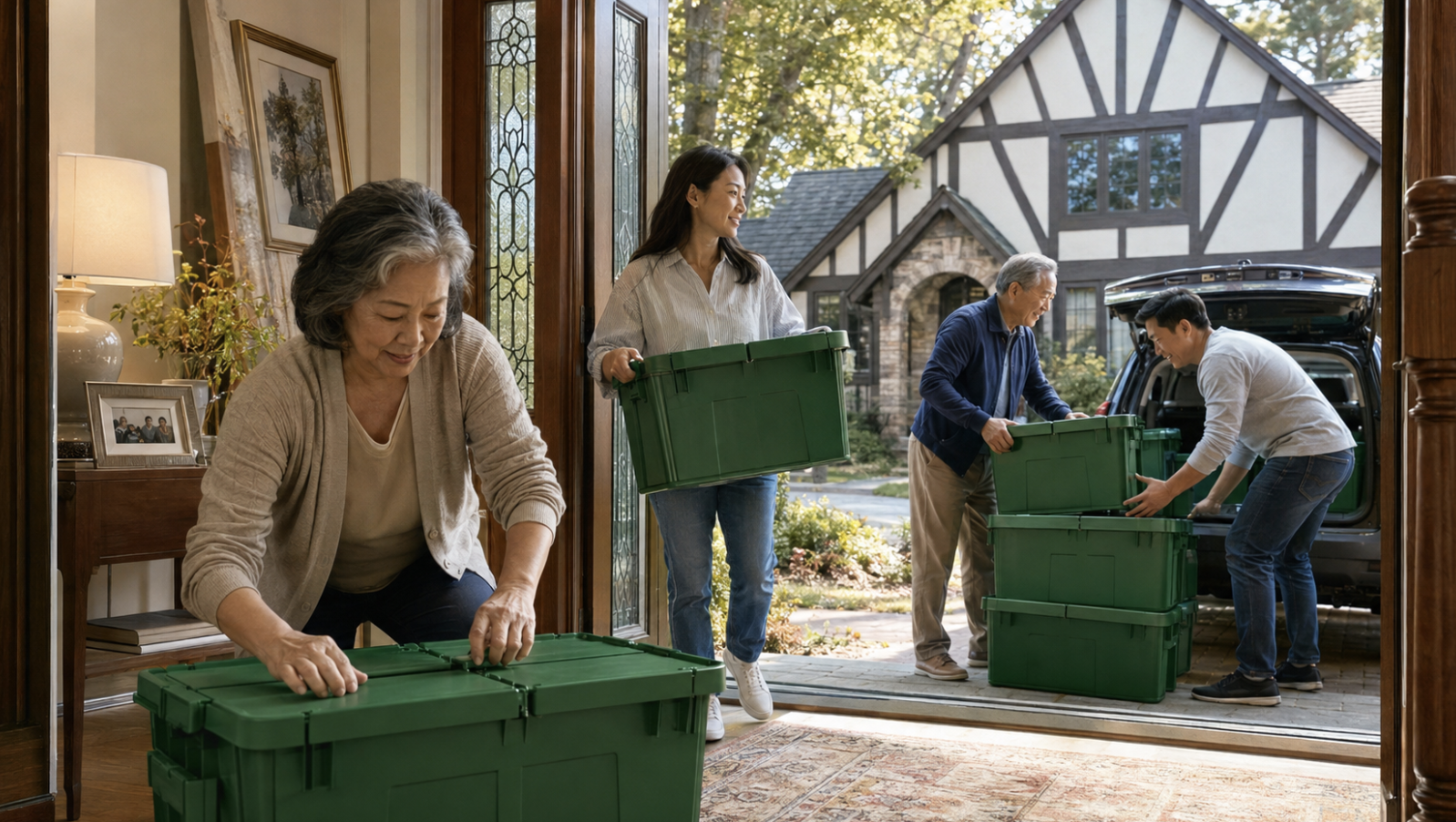 Multi-generational family carrying green moving totes out of a home