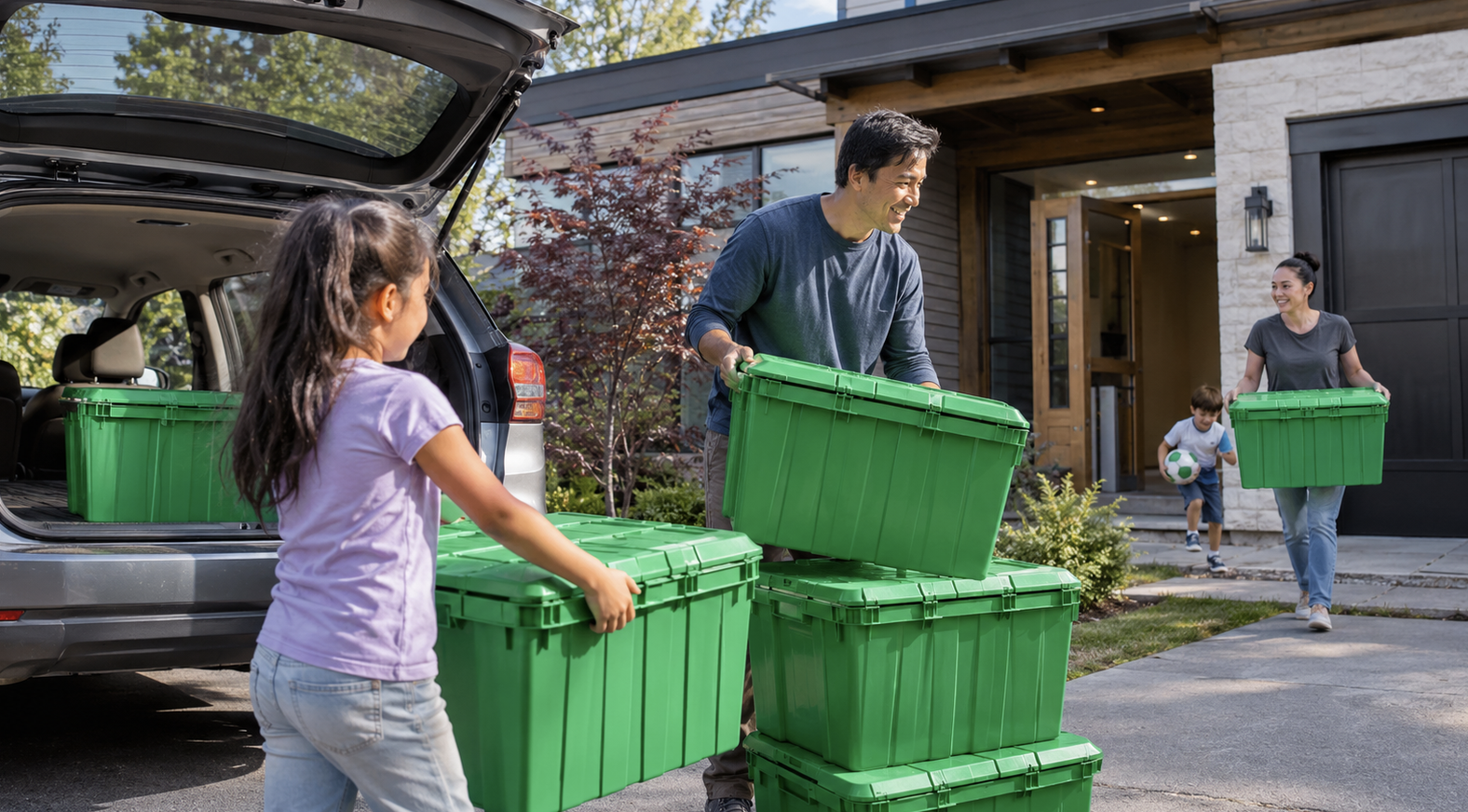 Family loading green moving totes into an SUV outside a Zionsville Indiana home