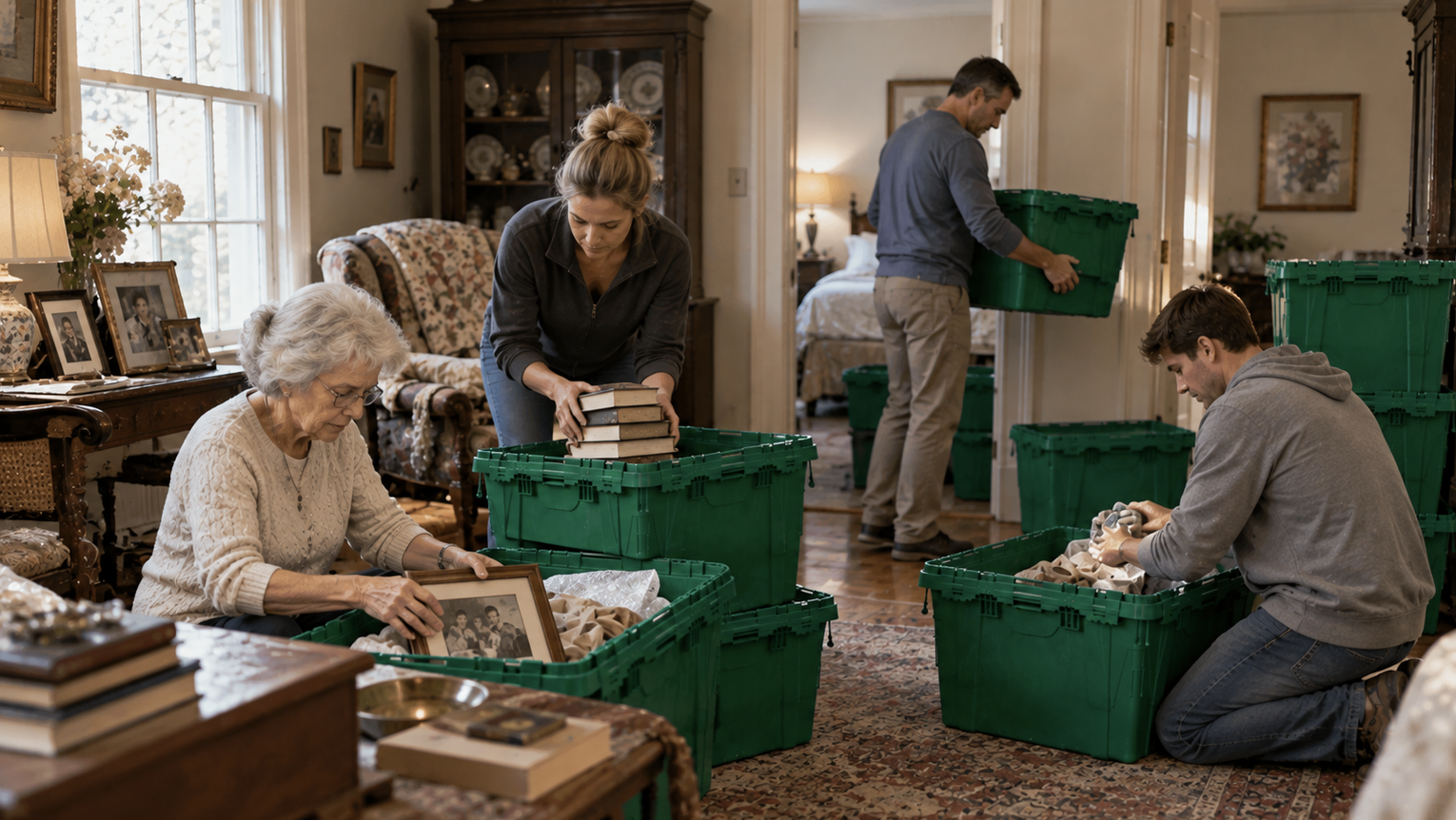 Boxes and totes staged in a home during an estate cleanout