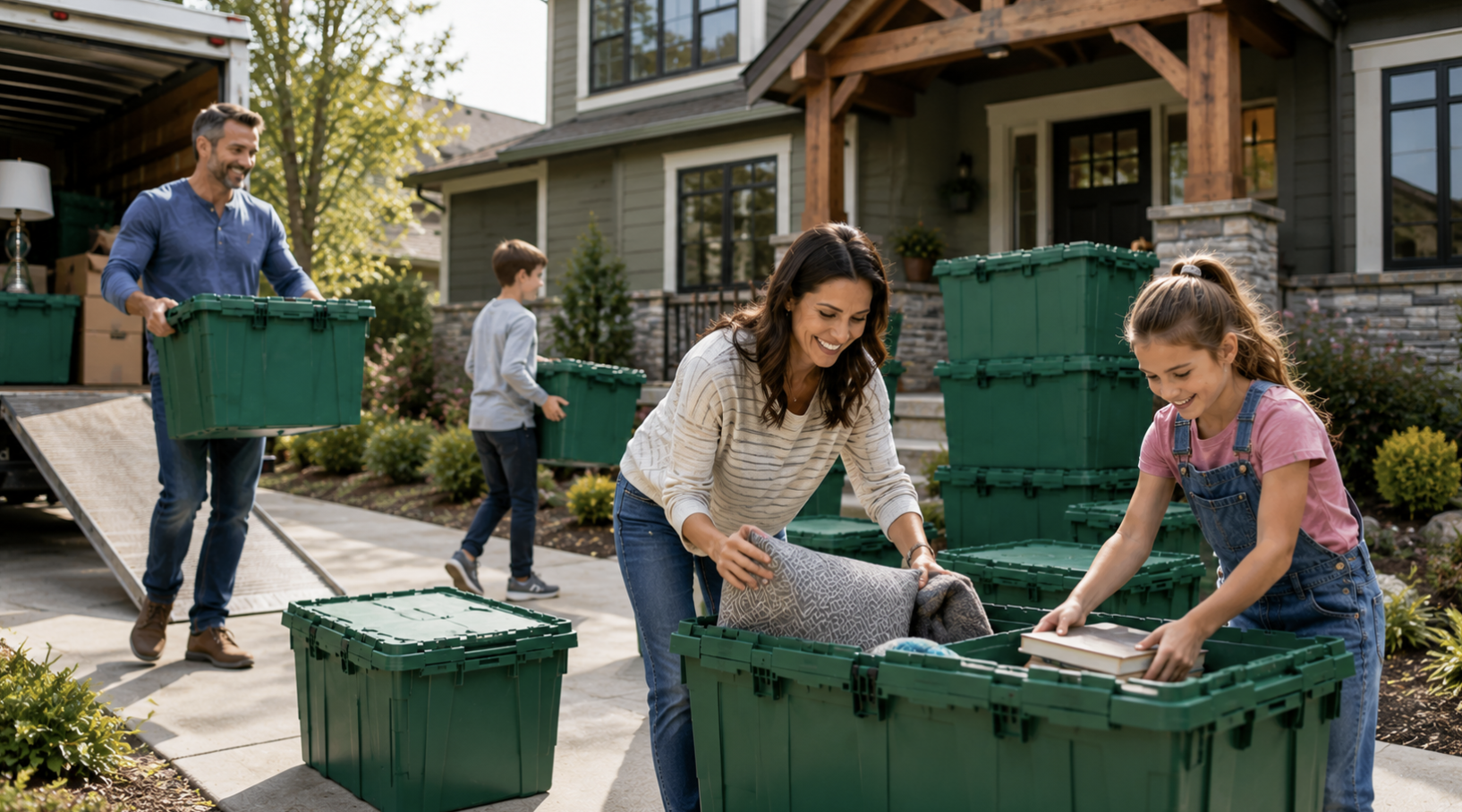 Family unloading green moving totes at a Hamilton County home
