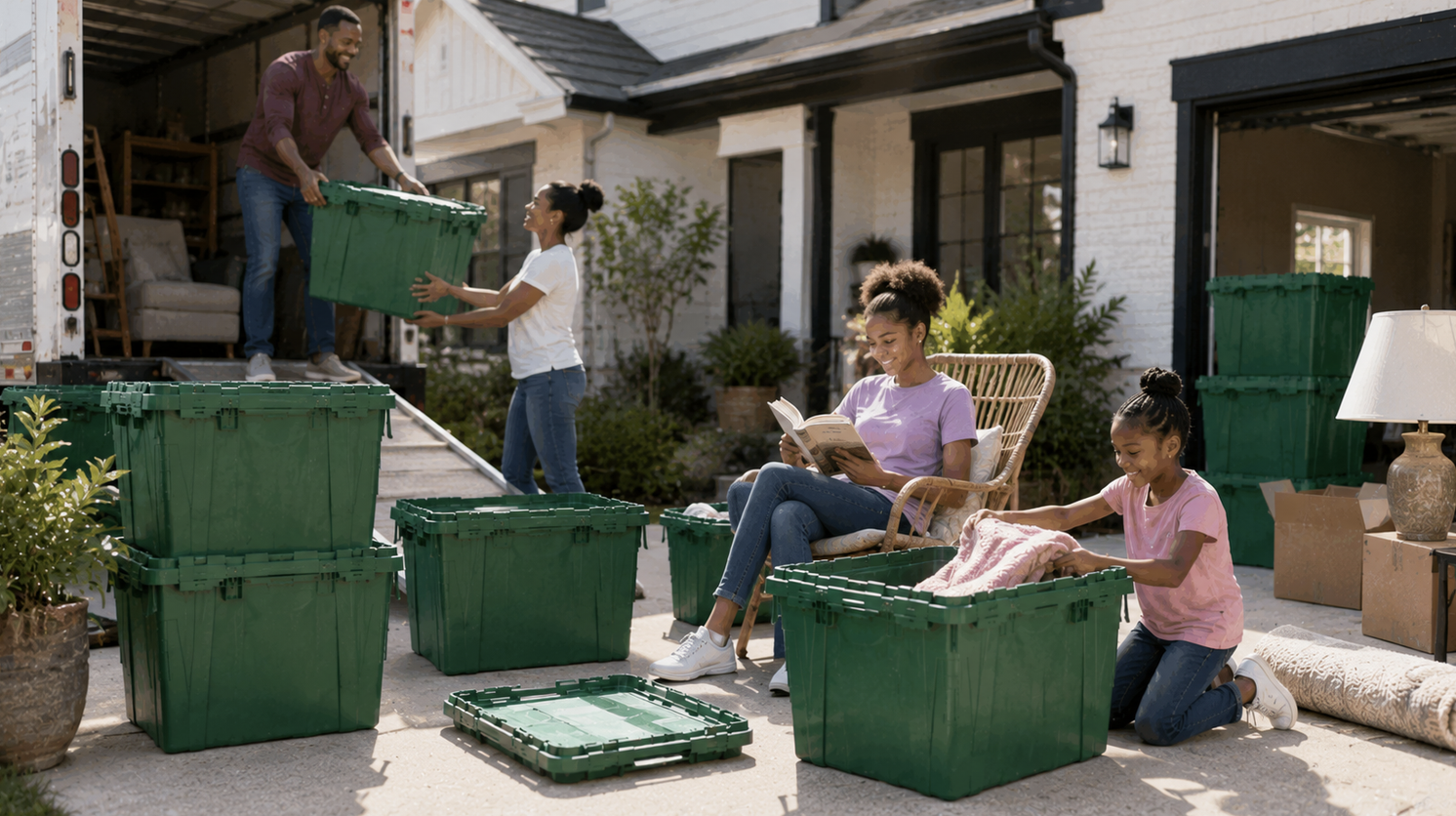 Stacks of green moving totes ready for a move