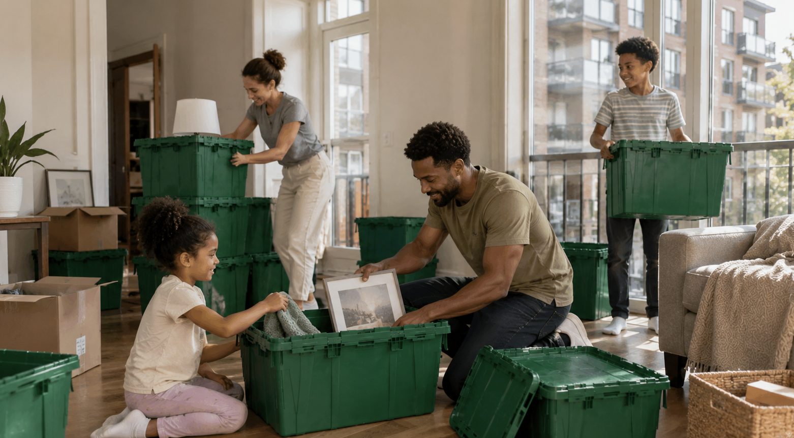 Family carrying green moving totes out of an apartment