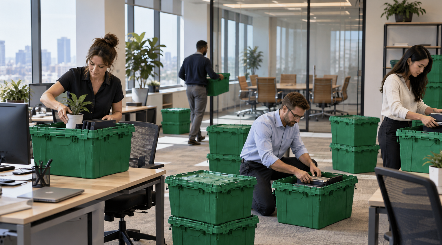 Office desk with green moving totes during a business relocation