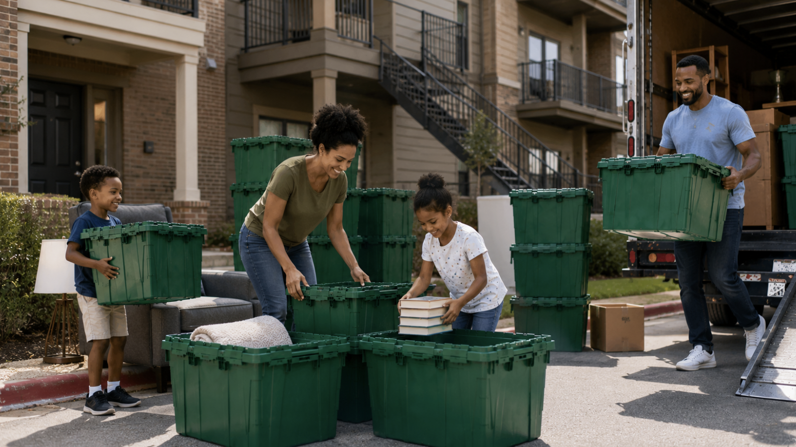 Apartment hallway move-in with green rental totes instead of cardboard boxes
