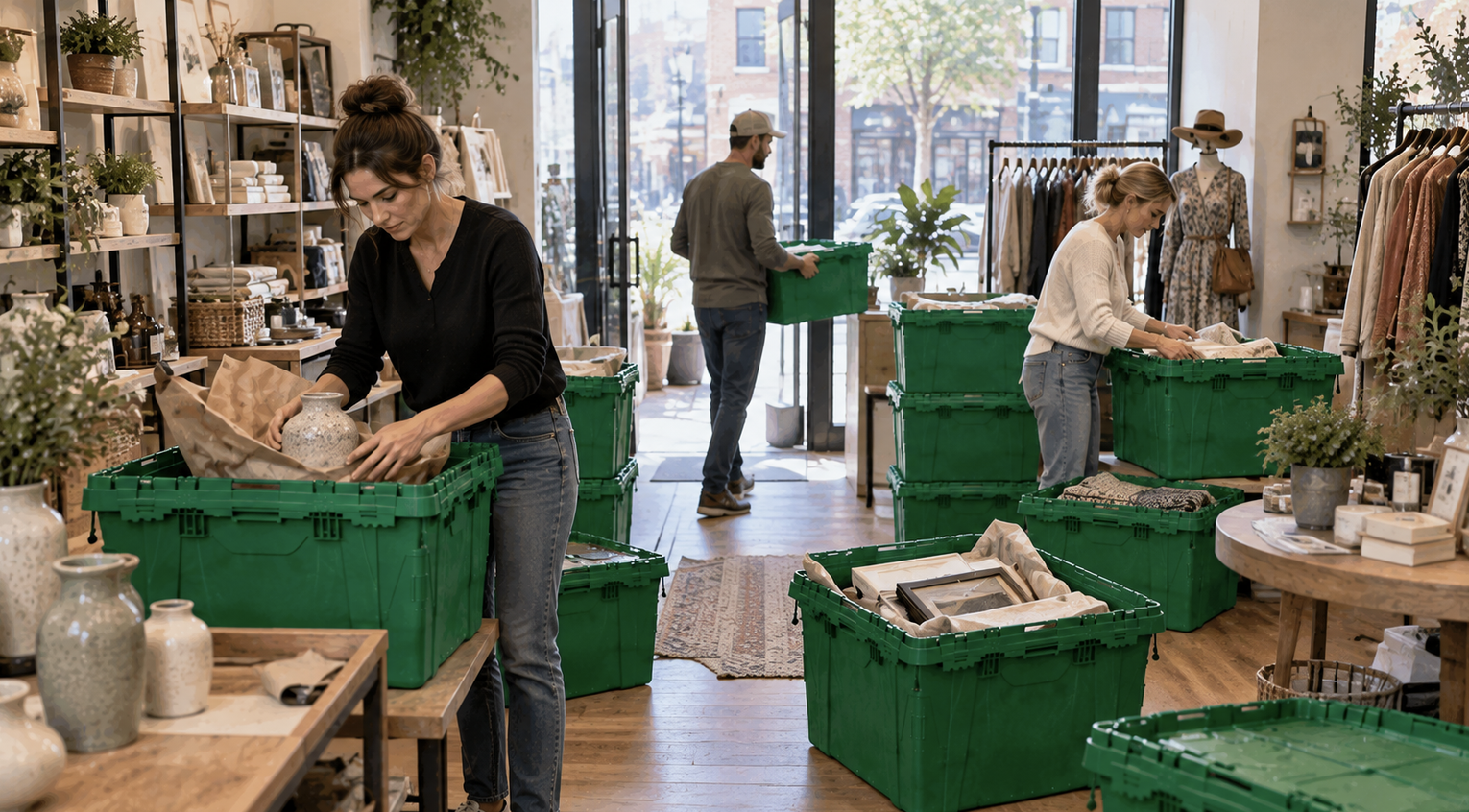 Retail store shelving and inventory packed in green totes during a relocation