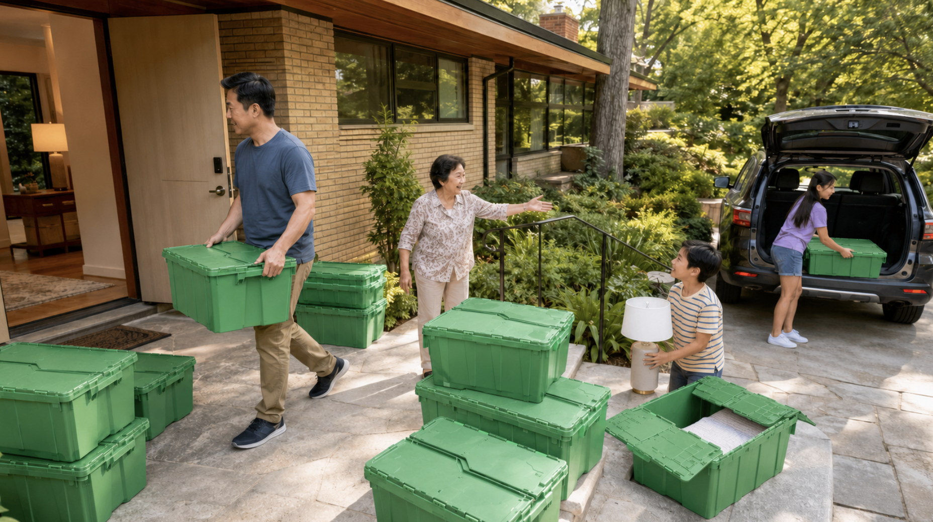 Family carrying green moving totes into a new home in Westfield Indiana
